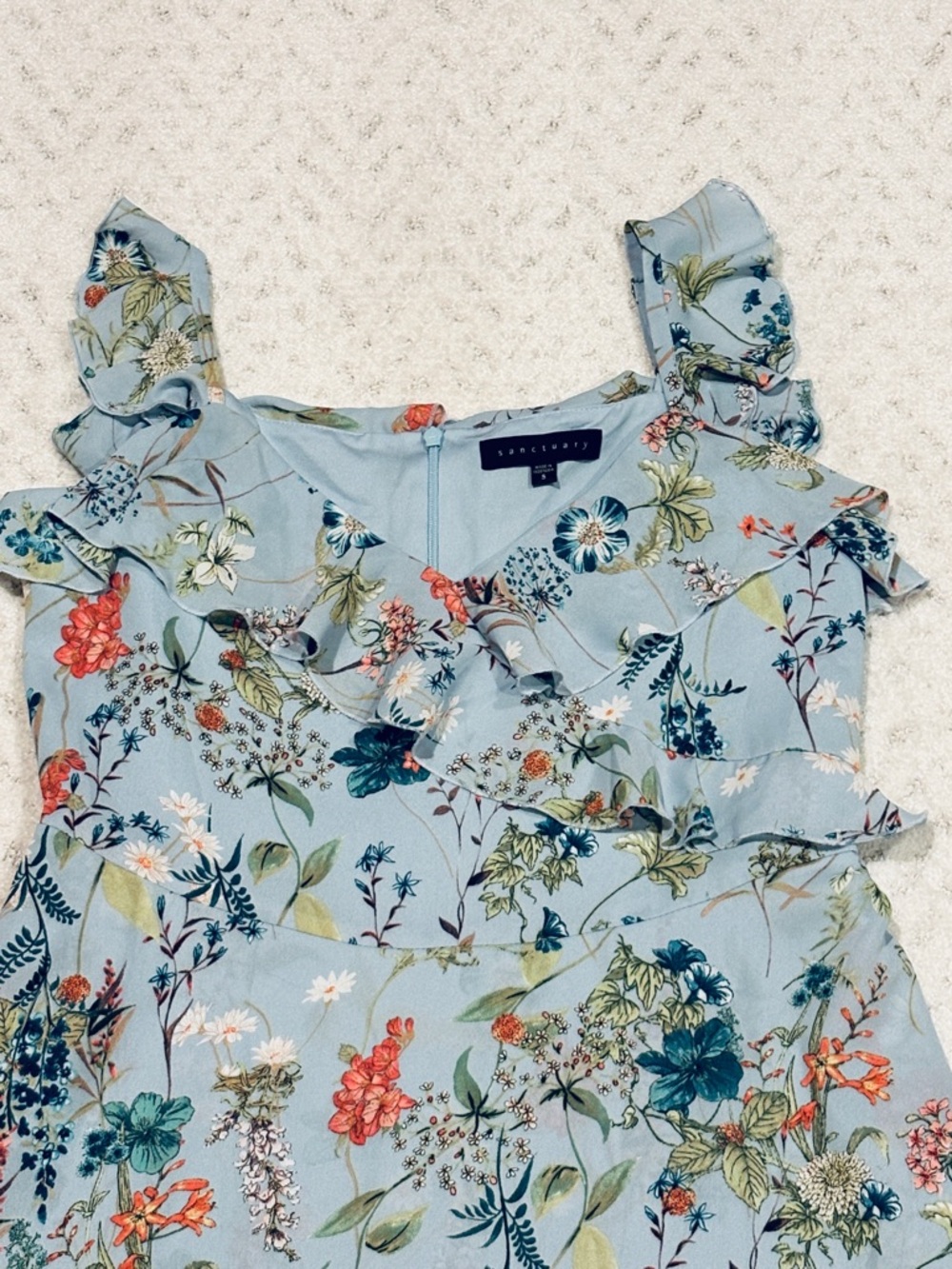 Sanctuary Light Blue Floral Ruffle Tiered Mini Dress Size S Romantic Cottage - Picture 11 of 15